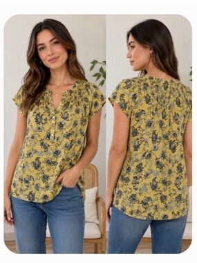 👚 Dana Buchman Paisley Floral Yellow Black and Blue "Lemon Drop" Top size Medium